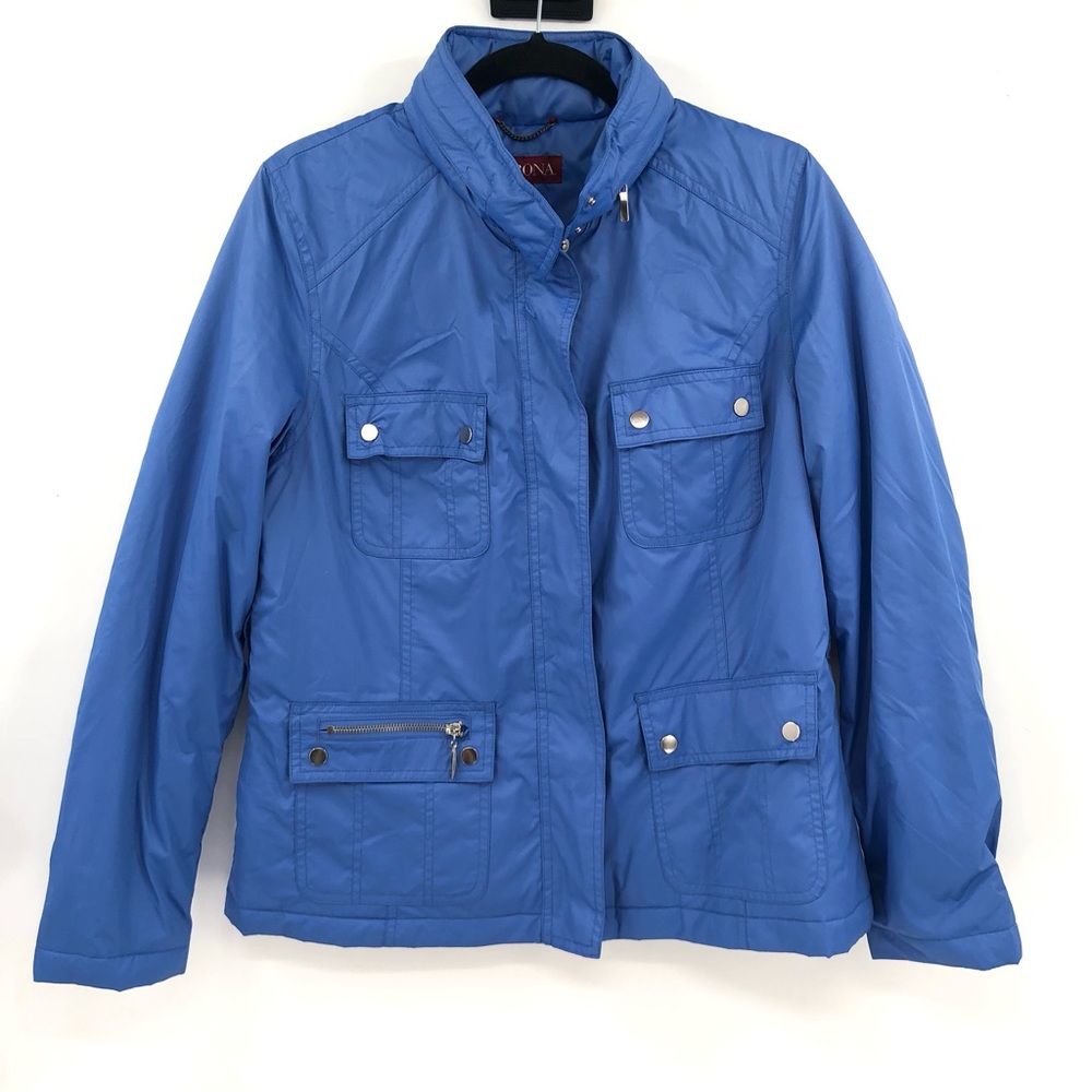 MERONA Blue Chore Barn Jacket Zip Up L Hidden Hood Coat Bright Blue Rain Jacket
